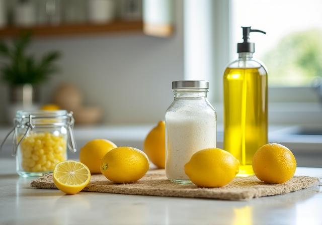 Cesto con productos de limpieza orgánicos, limón y bicarbonato en una cocina moderna
