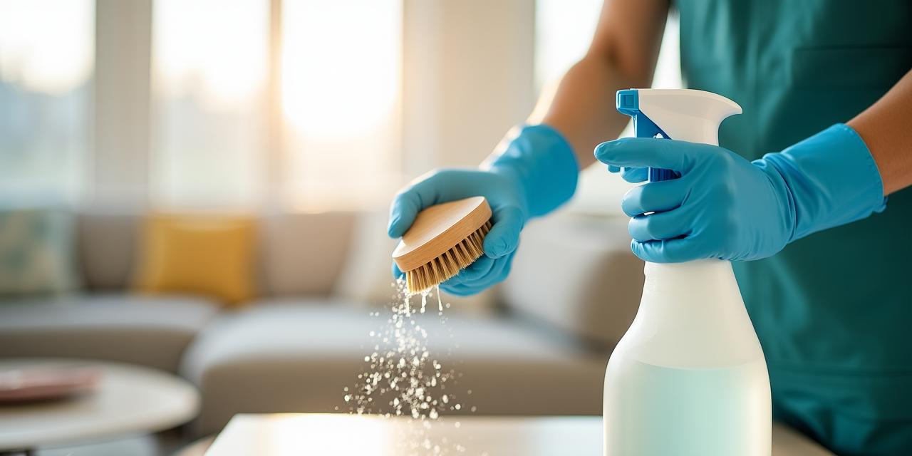 Primer plano de manos utilizando un paño de microfibra y spray ecológico en un ambiente doméstico luminoso