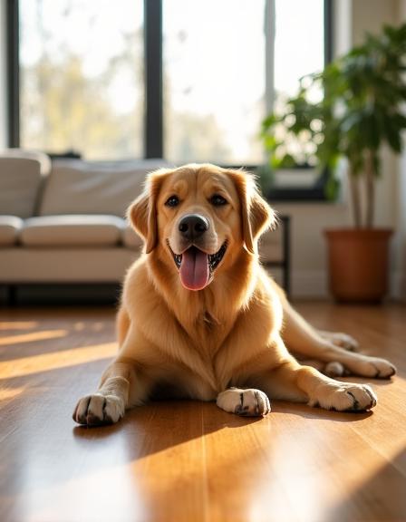 Un perro descansando tranquilamente sobre un suelo recién limpiado, transmitiendo seguridad y pureza